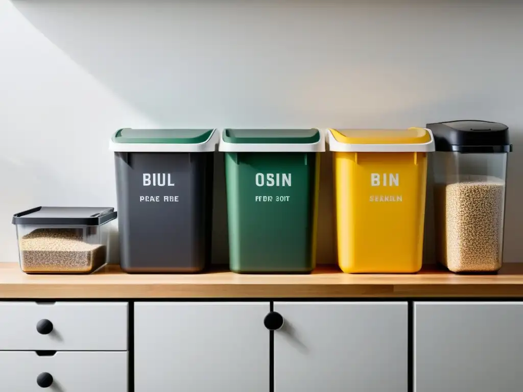 Una cocina minimalista bien iluminada con separadores para reciclaje, compost y basura regular alineados contra una pared blanca