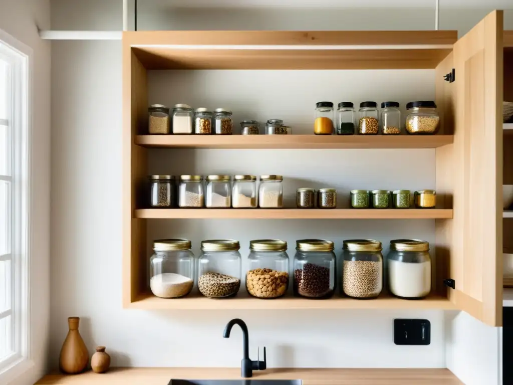 Una cocina minimalista con tarros de vidrio llenos de alimentos a granel como granos, nueces y semillas, organizados en estantes de madera