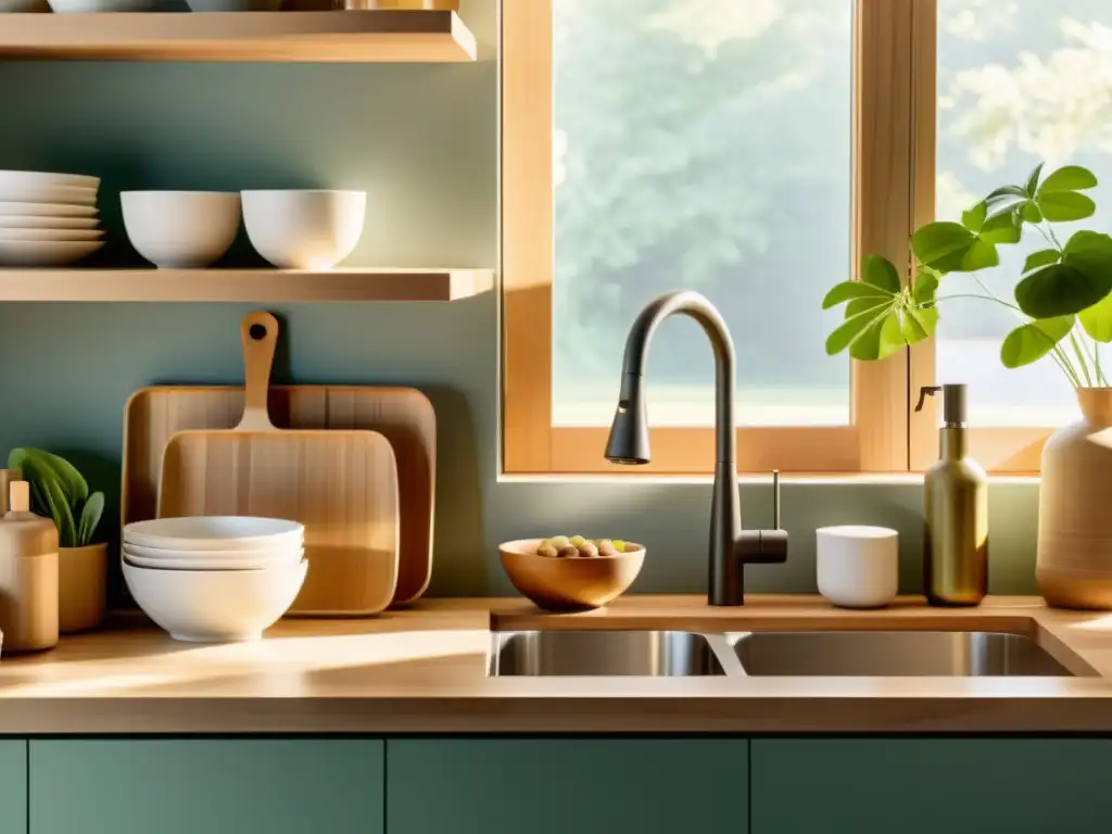 Una cocina minimalista con utensilios y recipientes biodegradables organizados, destacando la practicidad de los materiales biodegradables como alternativa al plástico en un hogar moderno y ecológico