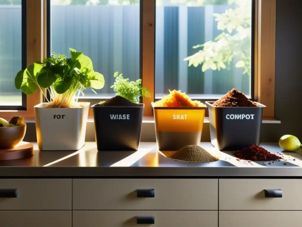 Una cocina moderna con compostaje separado, bañada por la cálida luz del sol