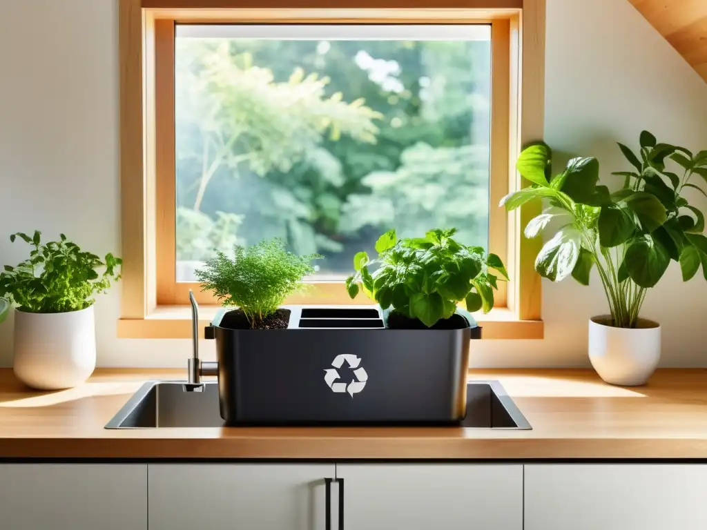 Cocina moderna con compostaje y reciclaje Una cocina moderna con un contenedor de compostaje y estación de reciclaje, bañada por la luz del sol
