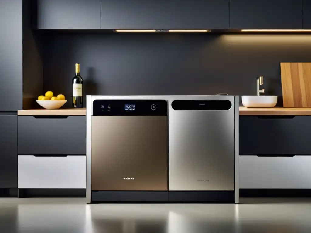 Una cocina moderna con contenedores inteligentes para reciclaje, tecnología innovadora en un ambiente elegante y práctico