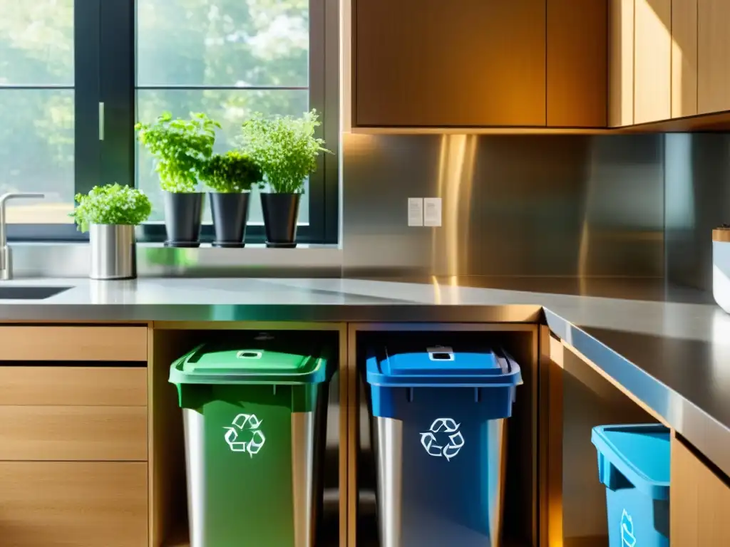 Una cocina moderna con contenedores de reciclaje organizados, reflejando el reciclaje colaborativo en el hogar