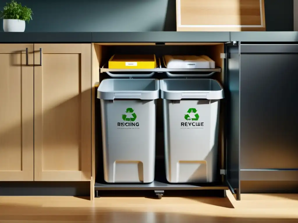 Una cocina moderna con contenedores de reciclaje bien organizados y etiquetados, resaltando estrategias de reciclaje en casa