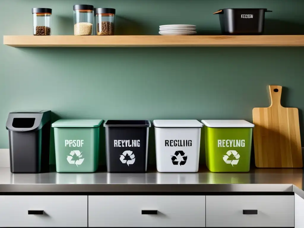 Una cocina moderna con contenedores de reciclaje etiquetados para vidrio, papel, plástico y residuos orgánicos