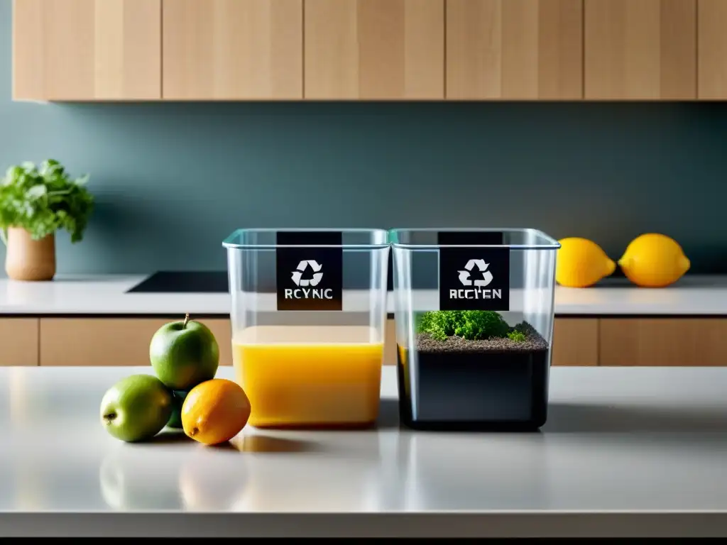 Una cocina moderna con contenedores de reciclaje claramente etiquetados para vidrio, plástico, papel y residuos orgánicos