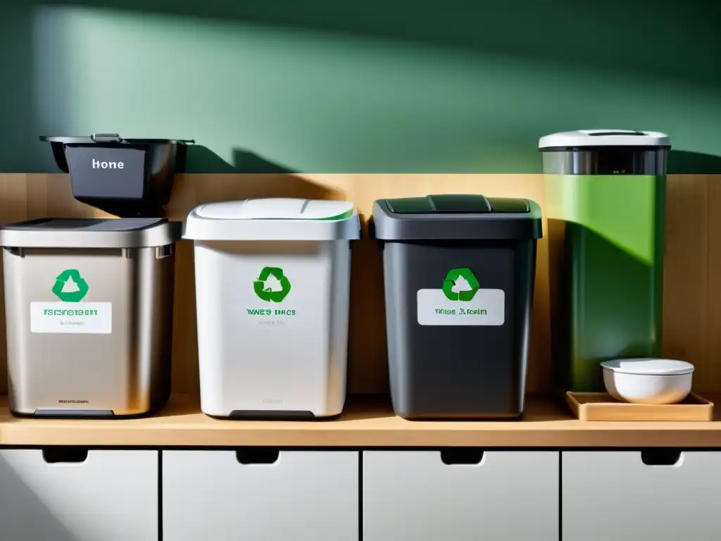 Una cocina moderna con contenedores separados para reciclaje, compost y residuos, mostrando un eficiente sistema de gestión de residuos para el hogar