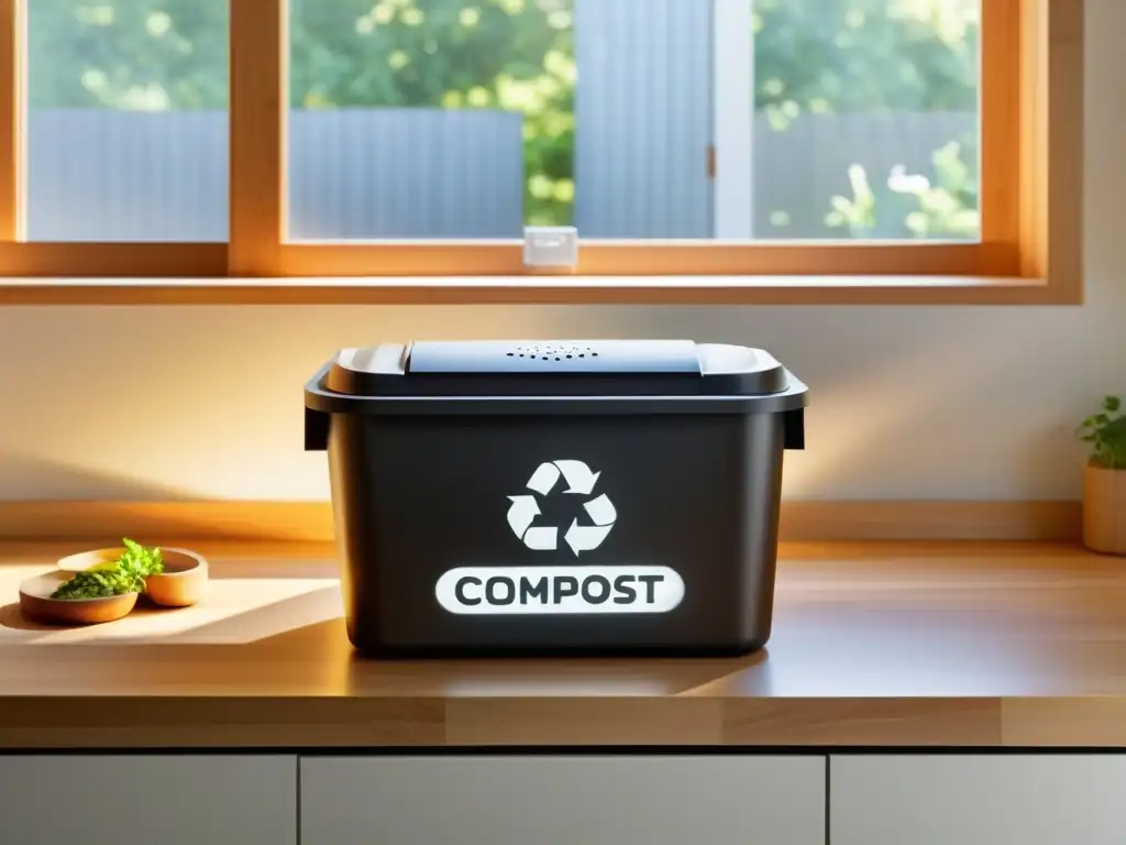 Una cocina moderna con contenedores separados para compostaje y reciclaje, integrando prácticas sostenibles en el hogar