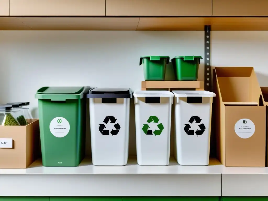 Una cocina moderna con contenedores separados etiquetados para reciclaje de papel, plástico, vidrio y metal