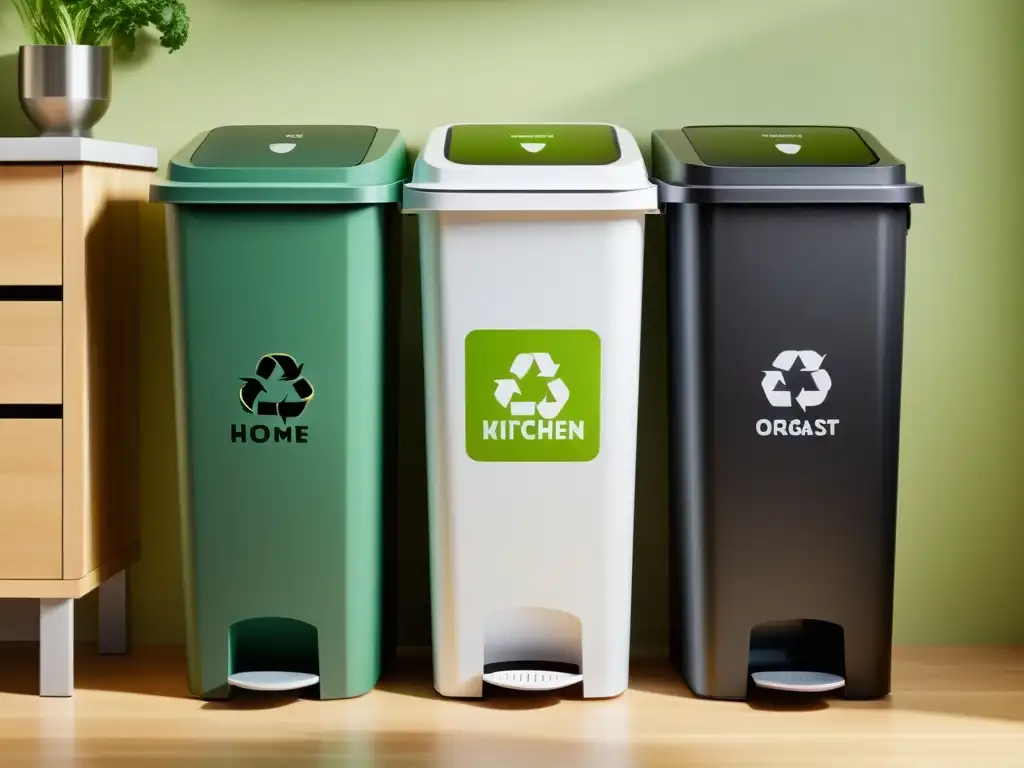 Una cocina moderna con contenedores separados para compost y reciclaje, transmitiendo la importancia de la educación ambiental