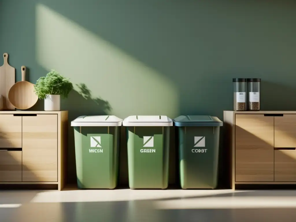 Una cocina moderna con contenedores separados para residuos compostables, reciclables y generales