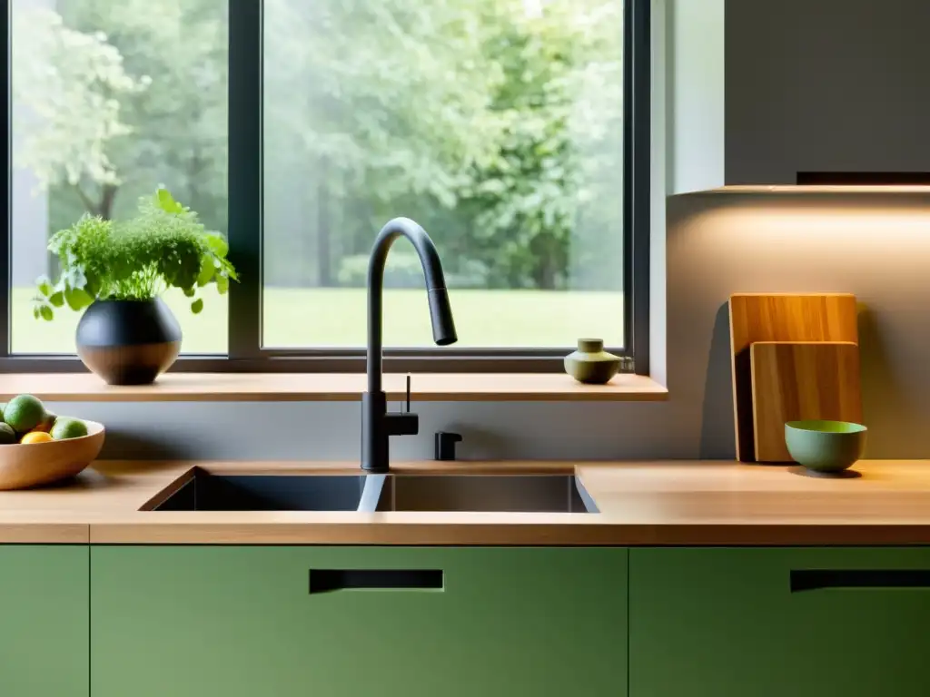 Una cocina moderna con diseño minimalista y un GreenBin integrado, mostrando la gestión sostenible de residuos en el hogar