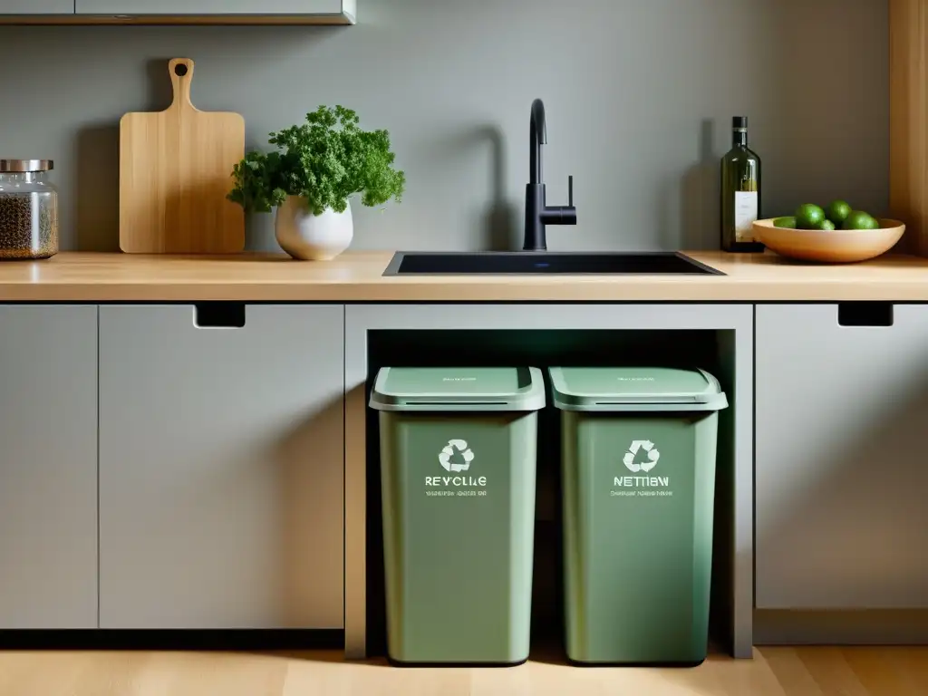 Una cocina moderna y eficiente con estrategias de reciclaje en casa, organización impecable y contenedores bien etiquetados