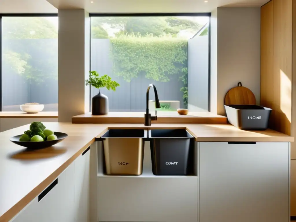 Una cocina moderna y elegante con contenedores separados para compostaje y reciclaje, transmitiendo una atmósfera cálida y sostenible