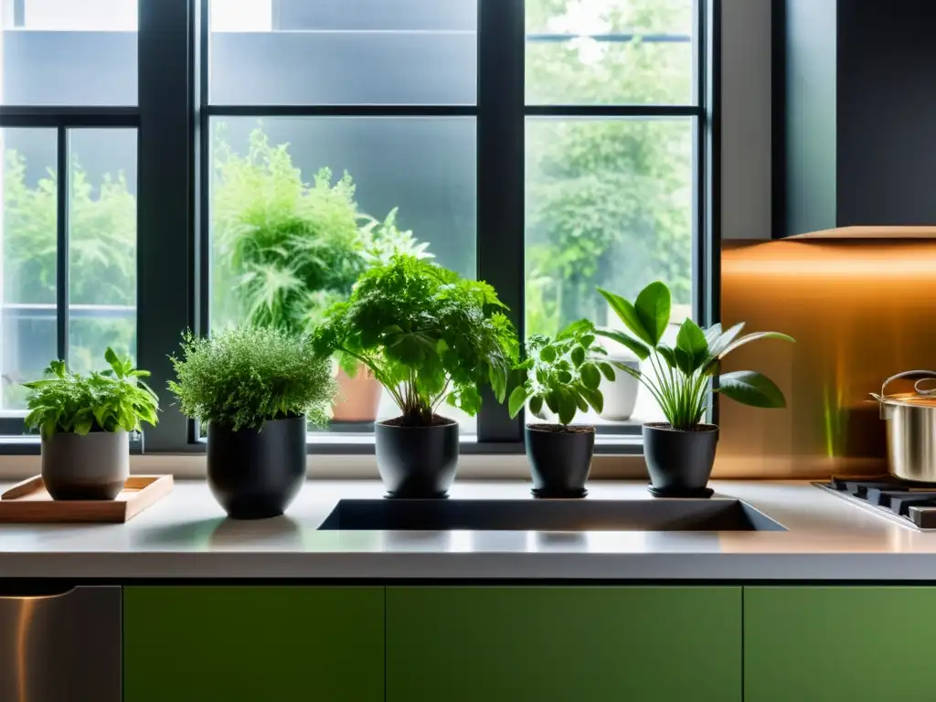 Una cocina moderna y elegante con plantas en macetas