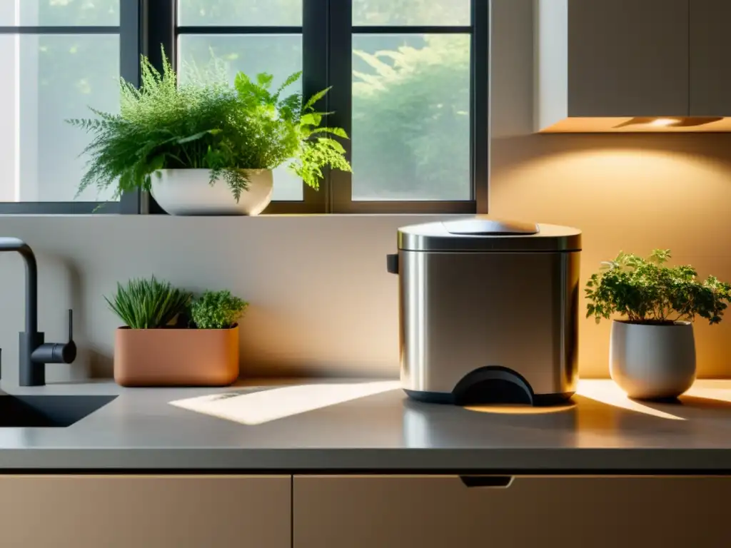 Una cocina moderna con estrategias de compostaje en casa, con un ambiente sereno y sostenible lleno de luz natural