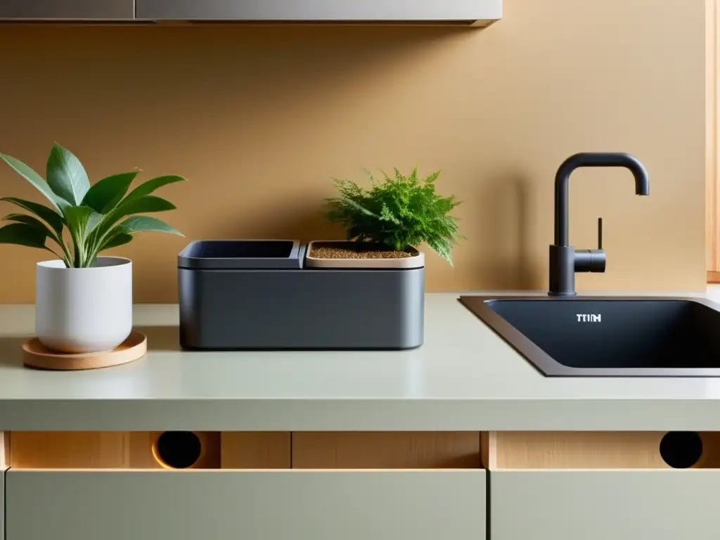 Contador de cocina ecoamigable con compostaje y reciclaje Una cocina moderna con estrategias efectivas de compostaje y reciclaje en el hogar, iluminada por suave luz natural, organizada y ecoamigable