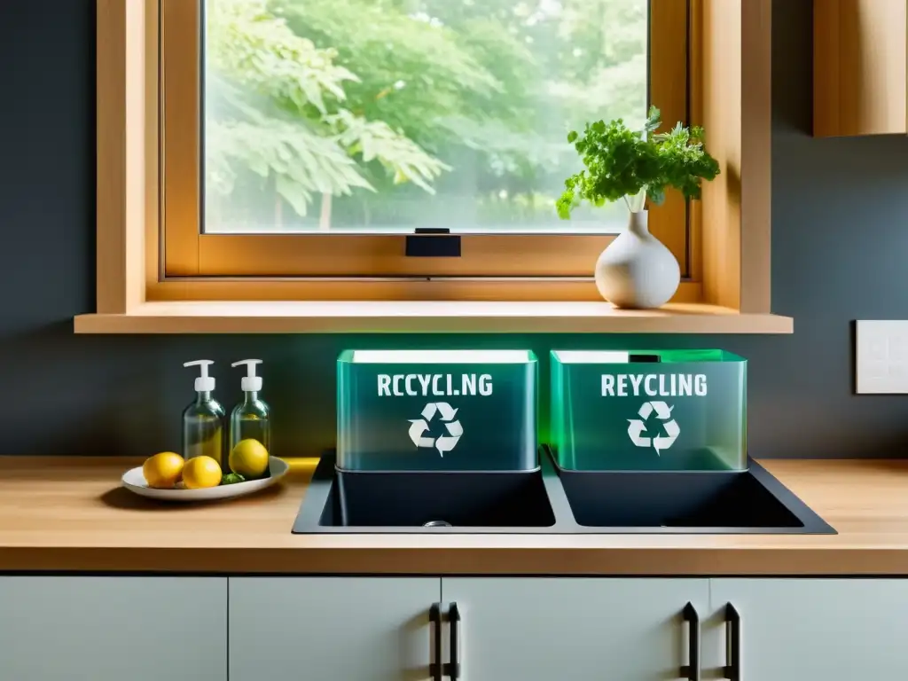 Una cocina moderna con estrategias de reciclaje en casa: contenedores separados etiquetados para vidrio, plástico, papel y residuos orgánicos, con luz natural iluminando el espacio organizado y ecoamigable