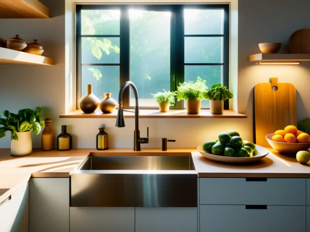 Una cocina moderna y luminosa con electrodomésticos sostenibles y productos frescos, reflejando prácticas sostenibles alimentación hogar