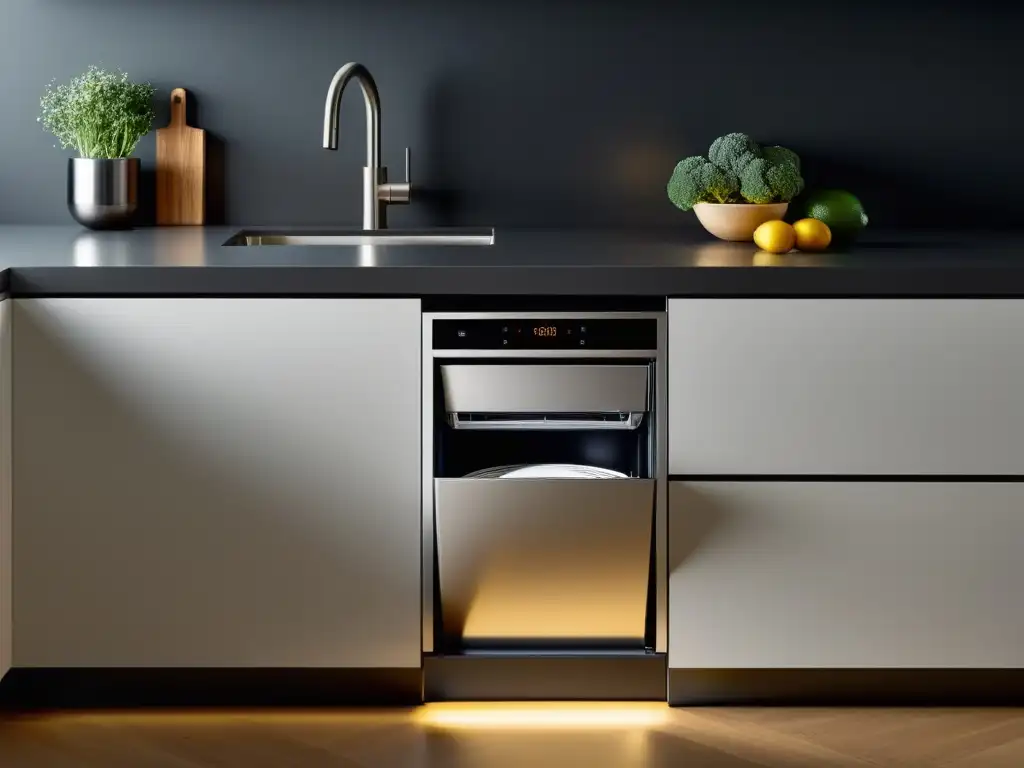 Una cocina moderna y minimalista con una compactadora de residuos para hogares integrada en la encimera