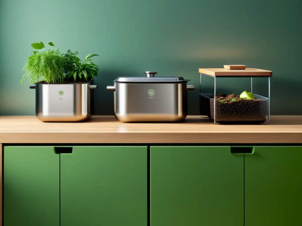 Una cocina moderna y minimalista con compostaje en casa, incluyendo contenedores de acero inoxidable, restos de comida y plantas verdes vibrantes