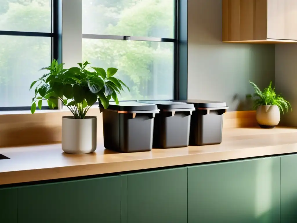 Una cocina moderna y minimalista con contenedores para reciclaje y compostaje, iluminada por luz natural