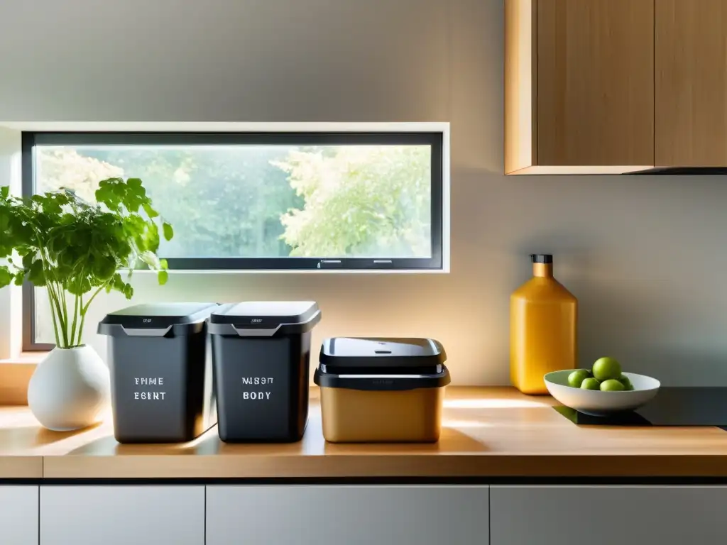 Una cocina moderna y minimalista con contenedores bioplásticos sostenibles y reciclaje organizado, transmitiendo sostenibilidad y orden