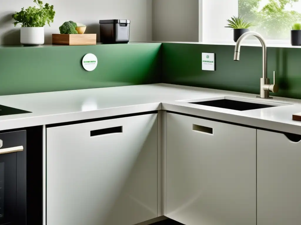 Una cocina moderna y minimalista con un eficiente sistema de gestión de residuos GreenBin, transmitiendo una atmósfera luminosa y ecoamigable