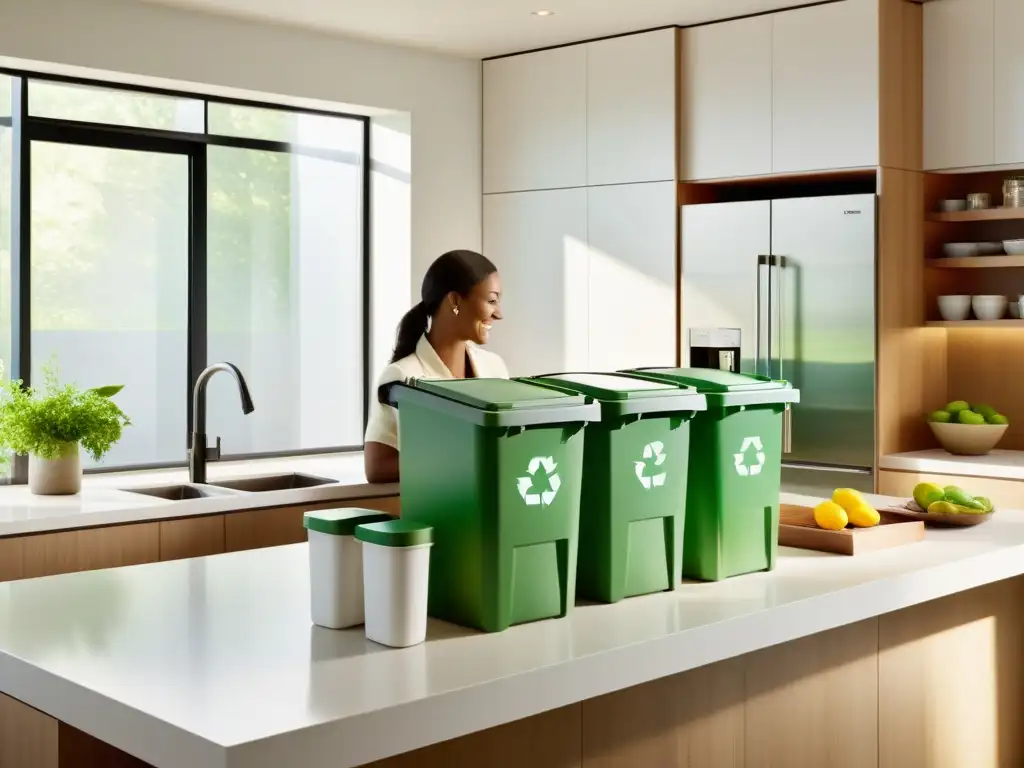 Una cocina moderna y minimalista con un sistema GreenBin para la gestión de residuos del hogar, organizado y ecoamigable