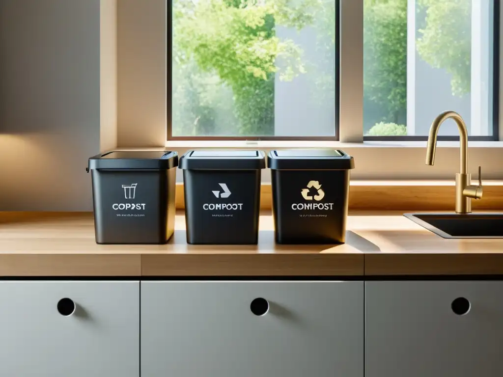 Una cocina moderna y ordenada con contenedores para compost, reciclaje y basura, resaltando la gestión de residuos en la cocina