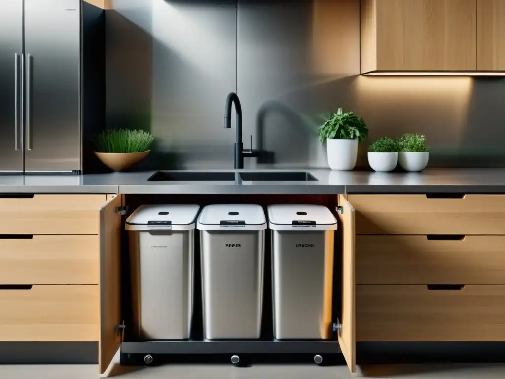 Una cocina moderna y organizada con contenedores separados etiquetados para reciclaje y compostaje