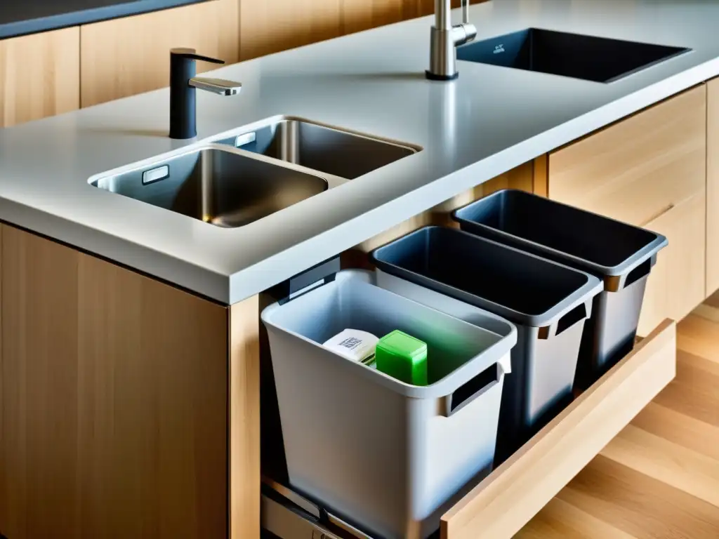 Una cocina moderna con estación de reciclaje sensorizada y tachos etiquetados para papel, plástico, vidrio y orgánicos