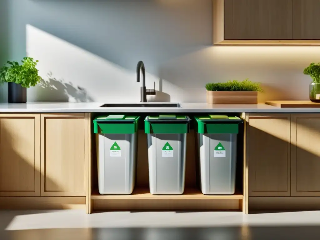 Una cocina moderna con separación de residuos reciclables: vidrio, plástico, papel y orgánicos