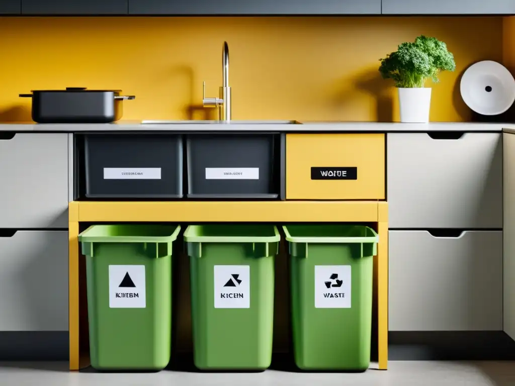 Una cocina moderna con separadores de residuos para reciclaje, compost y desechos, ejemplificando la eficiencia en la gestión de residuos en el hogar