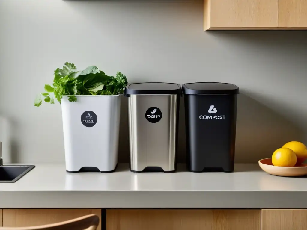 Contenedor de compostaje y reciclaje en cocina moderna Una cocina moderna y serena con separación para compostaje y reciclaje, estrategias efectivas compostaje reciclaje hogar