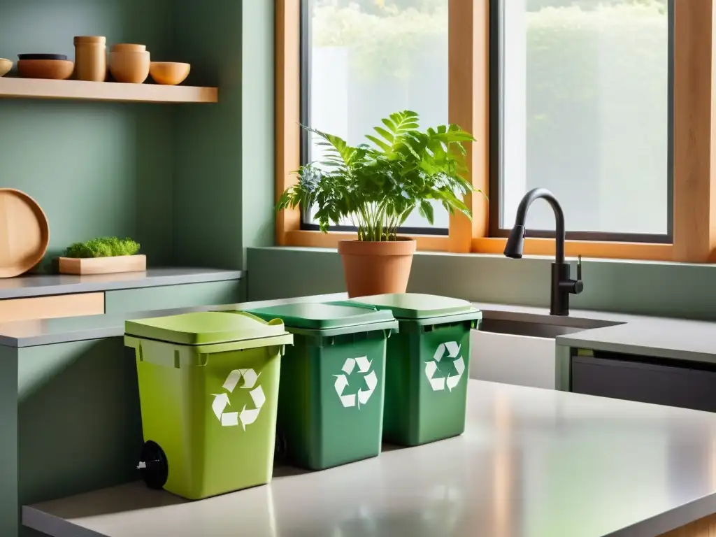 Una cocina moderna con un sistema eficiente de gestión de residuos, incluyendo contenedores para residuos orgánicos, reciclables y residuos generales