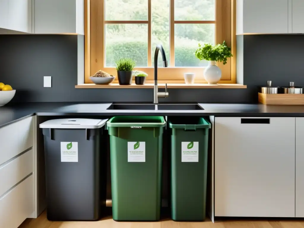 Una cocina moderna con sistema de gestión de residuos, incluyendo contenedores etiquetados para reciclaje, compost y desechos, transmitiendo eficiencia y sostenibilidad