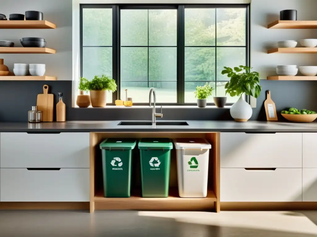 Una cocina moderna y sostenible con contenedores para reciclaje, compostaje y desechos, organizados y coloridos