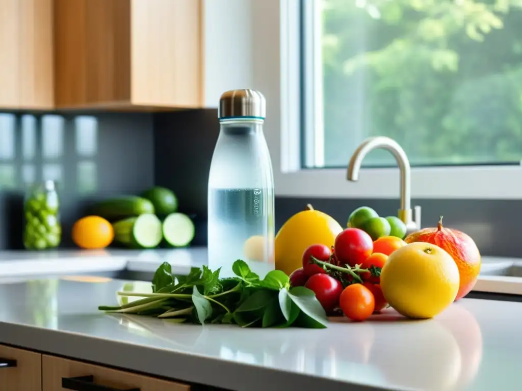 Una cocina moderna y sostenible con frutas frescas y una botella de agua reutilizable, reducir consumo plásticos hogar