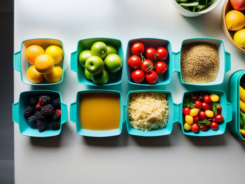 Una cocina organizada con alimentos frescos en porciones precisas, fomentando la reducción de desperdicio alimentario en casa