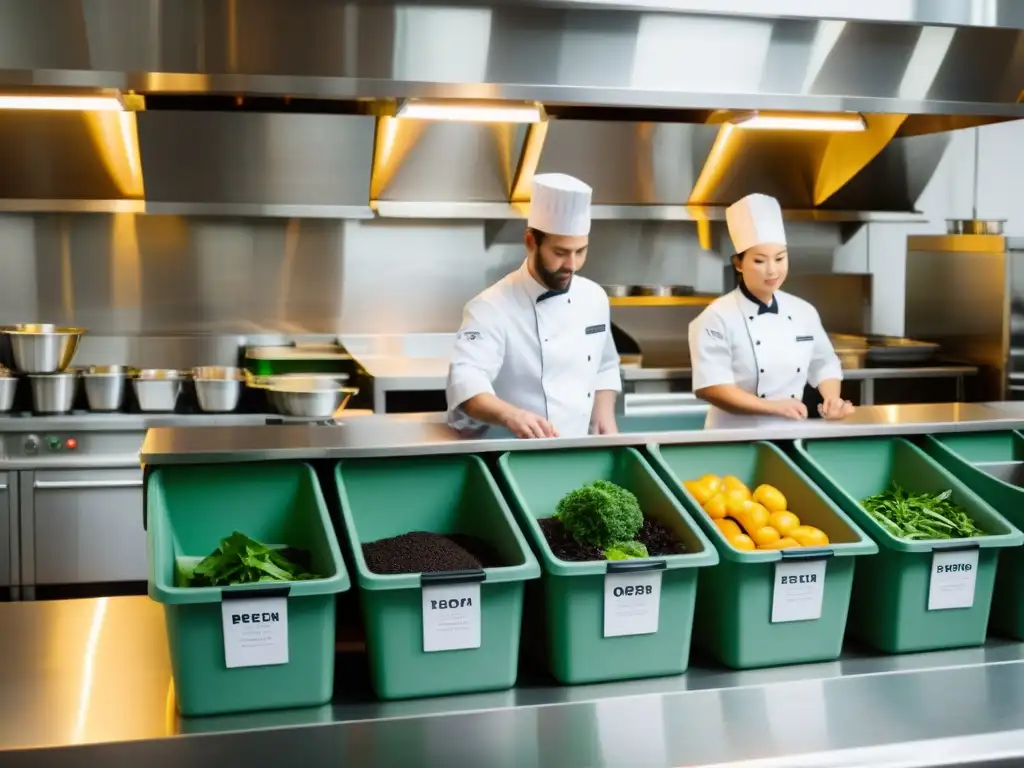 Una cocina de restaurante con chefs preparando comida de forma eficiente y ordenada, enfocada en la reducción de residuos