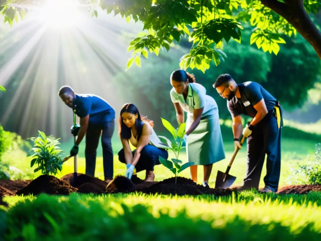 Colaboraciones internacionales para prácticas sostenibles: Diversidad y unidad se unen al plantar árboles juntos en un paisaje exuberante y verde