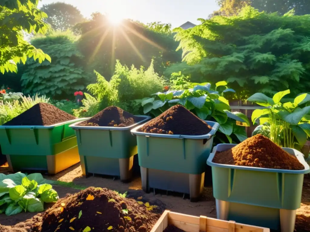 Colaboradores en jardín comunitario cuidando compostaje con equipo esencial para compostaje comunitario bajo la cálida luz del sol