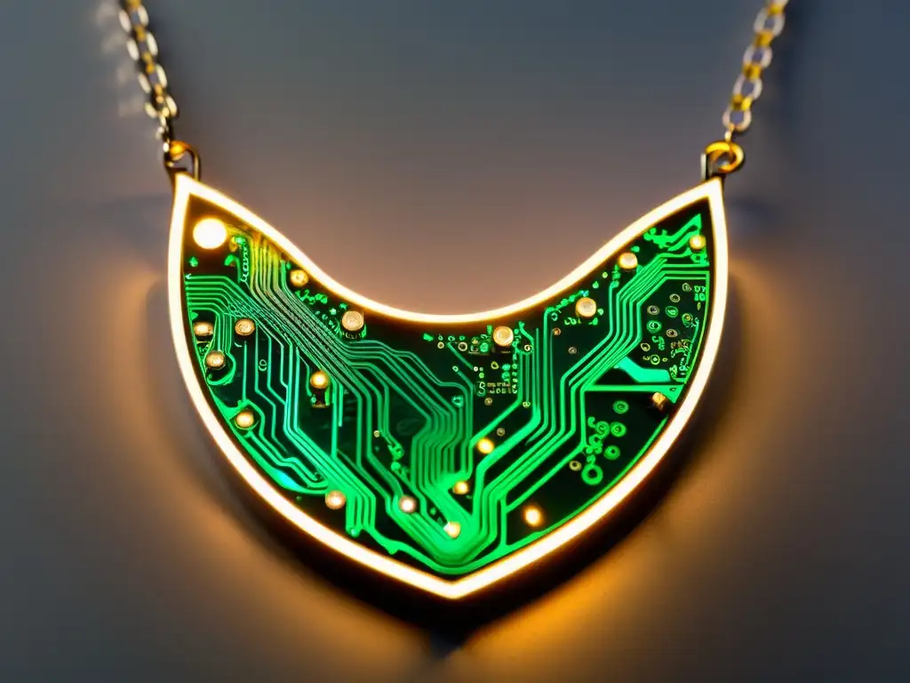 Collar de joyería única con desechos electrónicos, reflejando innovación ecoamigable y sofisticación moderna