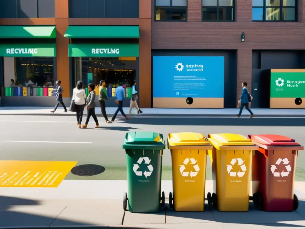 Coloridas soluciones innovadoras reciclaje ciudad: gente clasifica reciclables en la calle, con oficinas modernas al fondo