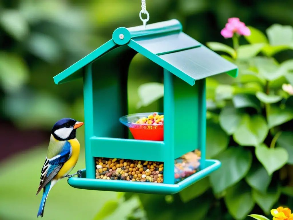 Un comedero para aves de botellas plásticas recicladas, decorado con colores vibrantes y detalles intrincados, atrayendo aves en un jardín exuberante