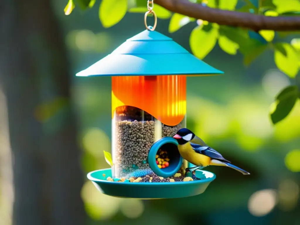 Un comedero para aves, bellamente elaborado con botellas de plástico recicladas, con aves coloridas disfrutando de las semillas