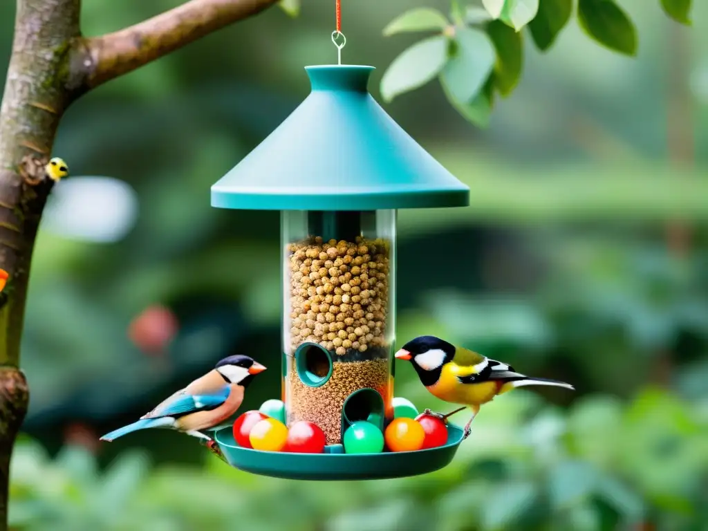 Un comedero para aves hecho de botellas de plástico reciclado cuelga de una rama, atrayendo aves coloridas