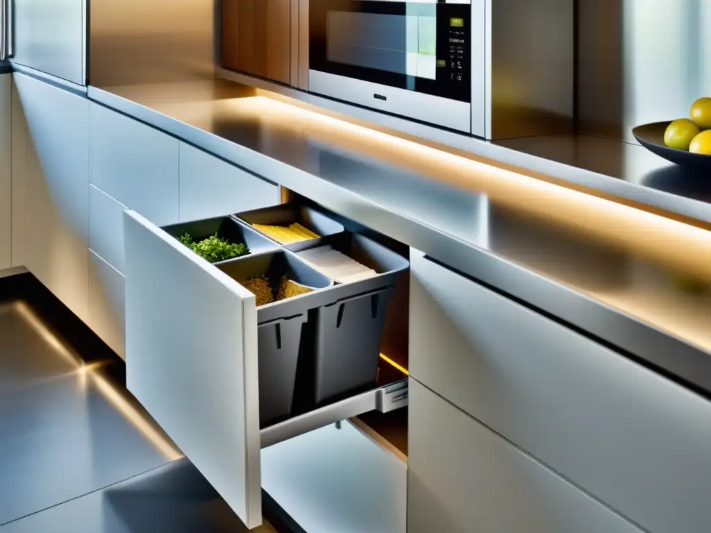 Comparativa cestos reciclaje apilables integrados en cocina moderna, organizados y elegantes, con iluminación suave