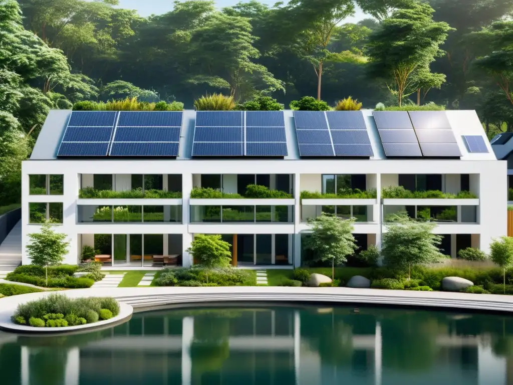 Un complejo de apartamentos moderno y sostenible rodeado de exuberante vegetación, con paneles solares en los techos y espacios comunes al aire libre